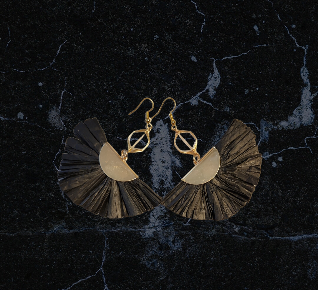 Clear quartz Black fan earrings