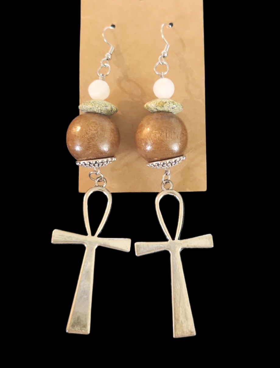 Serpentine and White agate Ankh earrings