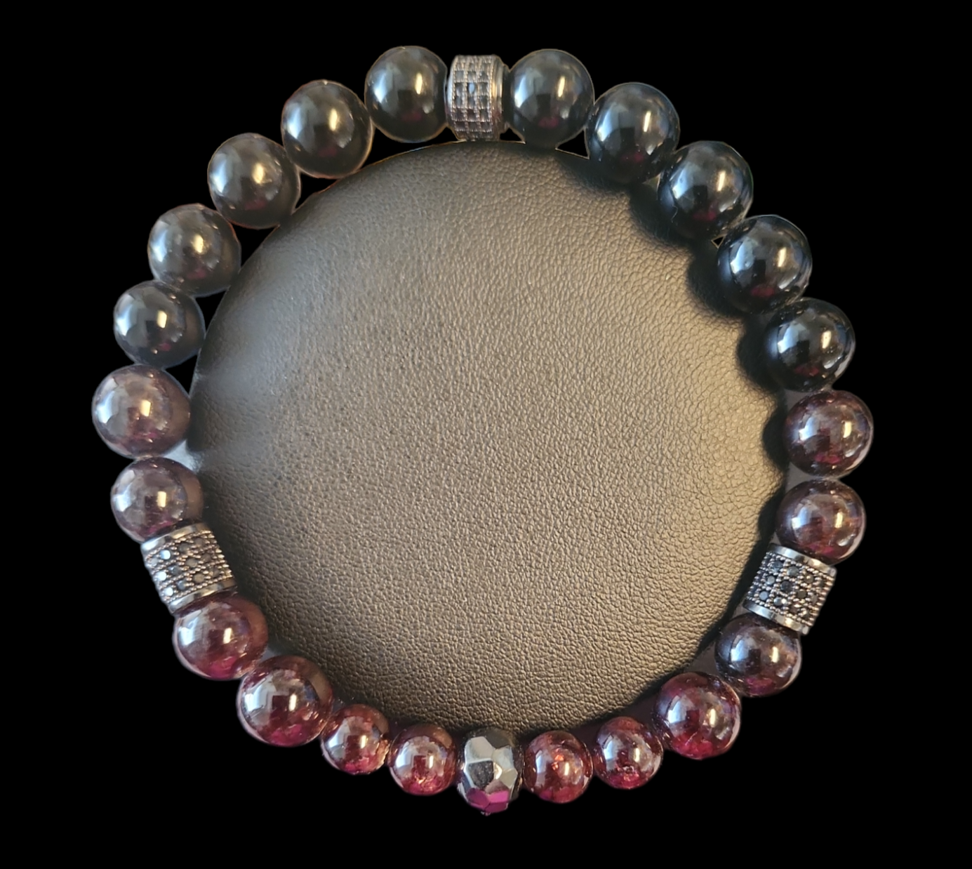10 1/2" Garnet and Onyx skull head Bracelet