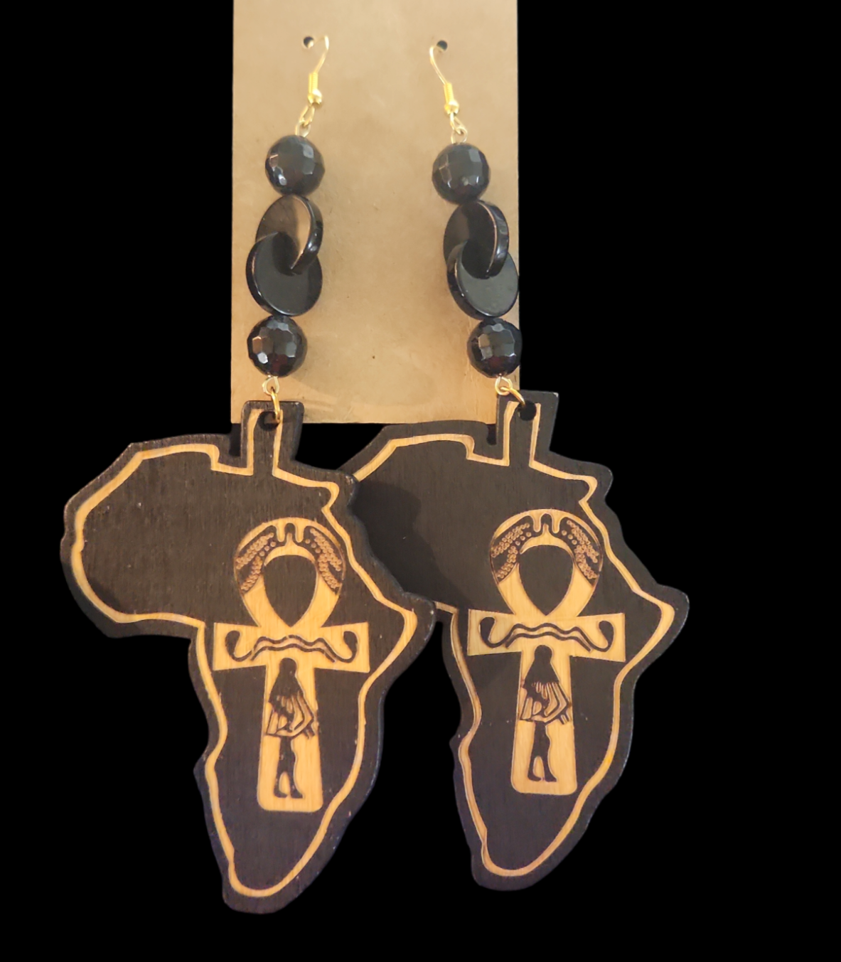 Black Tourmaline and Onyx Africa Ankh Earrings