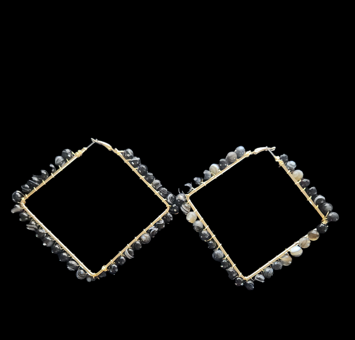Large black agate square hoop earrings