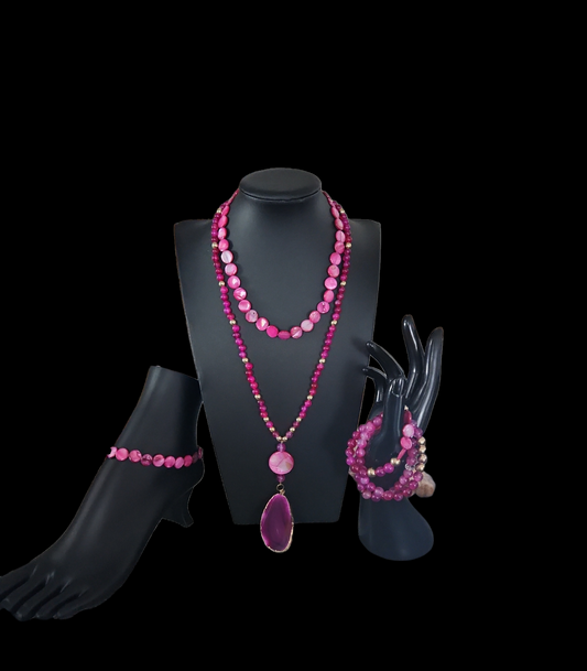 Pink Agate and Mother of pearl Necklace set