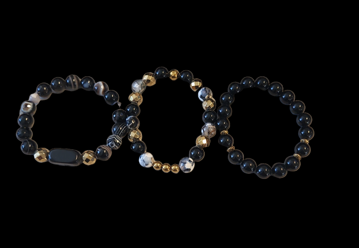 Black Agate & Gold Hematite Bracelet triple stack