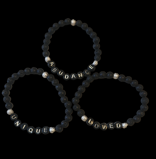 "I AM" Affirmation Lave stone bracelets silver and black