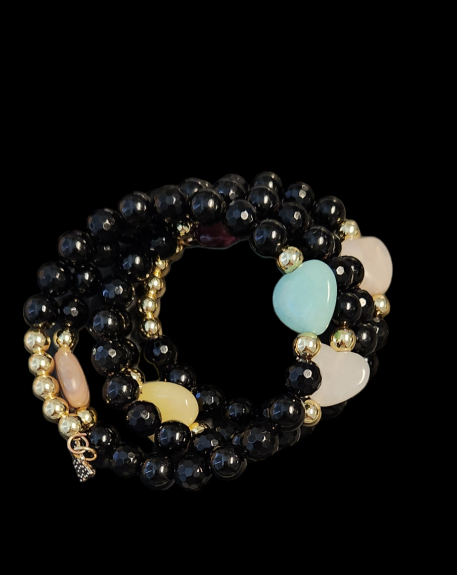 Black Onyx with multi crystal hearts wrap bracelet