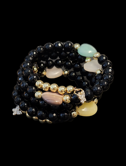 Black Onyx with multi crystal hearts wrap bracelet