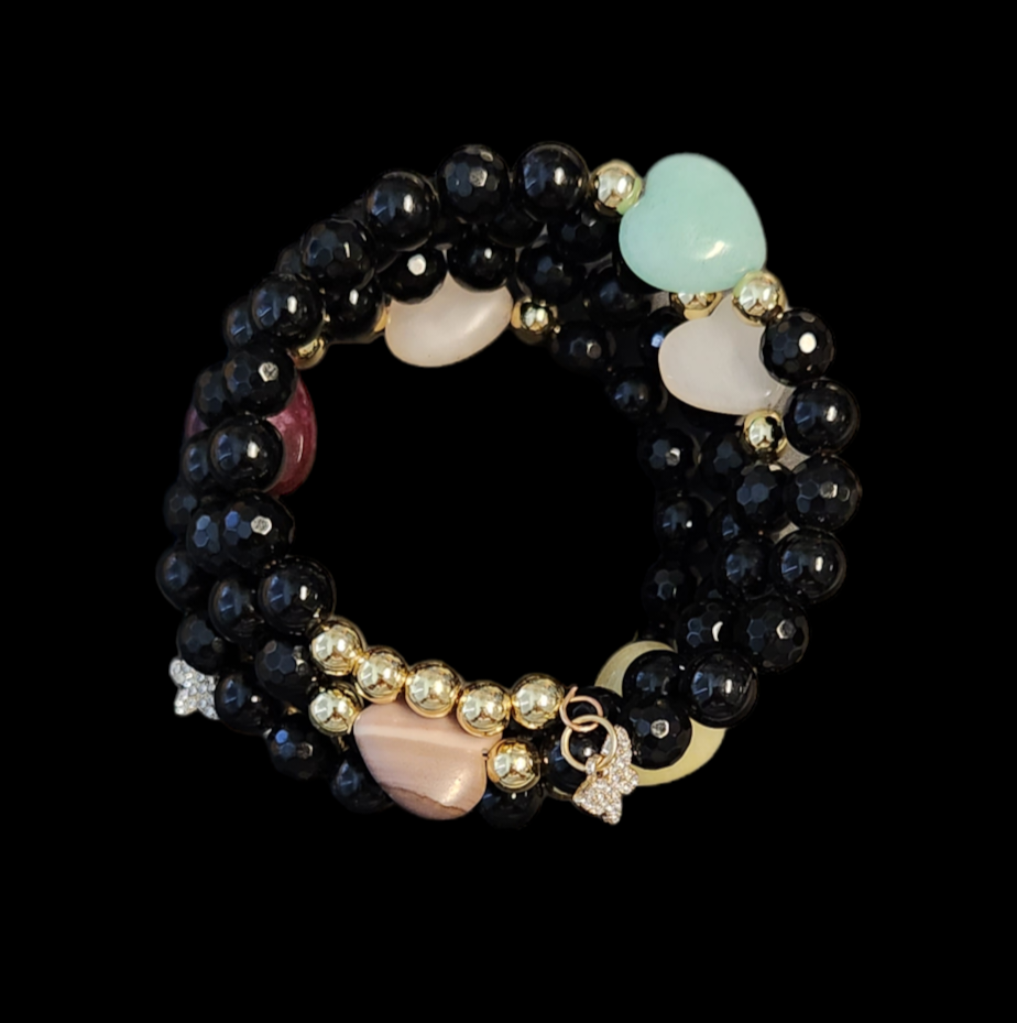 Black Onyx with multi crystal hearts wrap bracelet