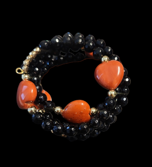 Onyx and Red Jasper hearts wrap bracelet