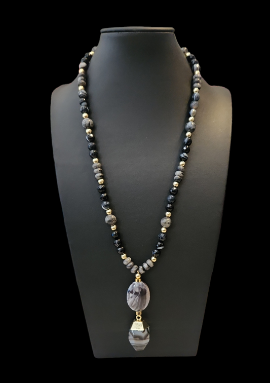 Black agate, Larvikite necklace