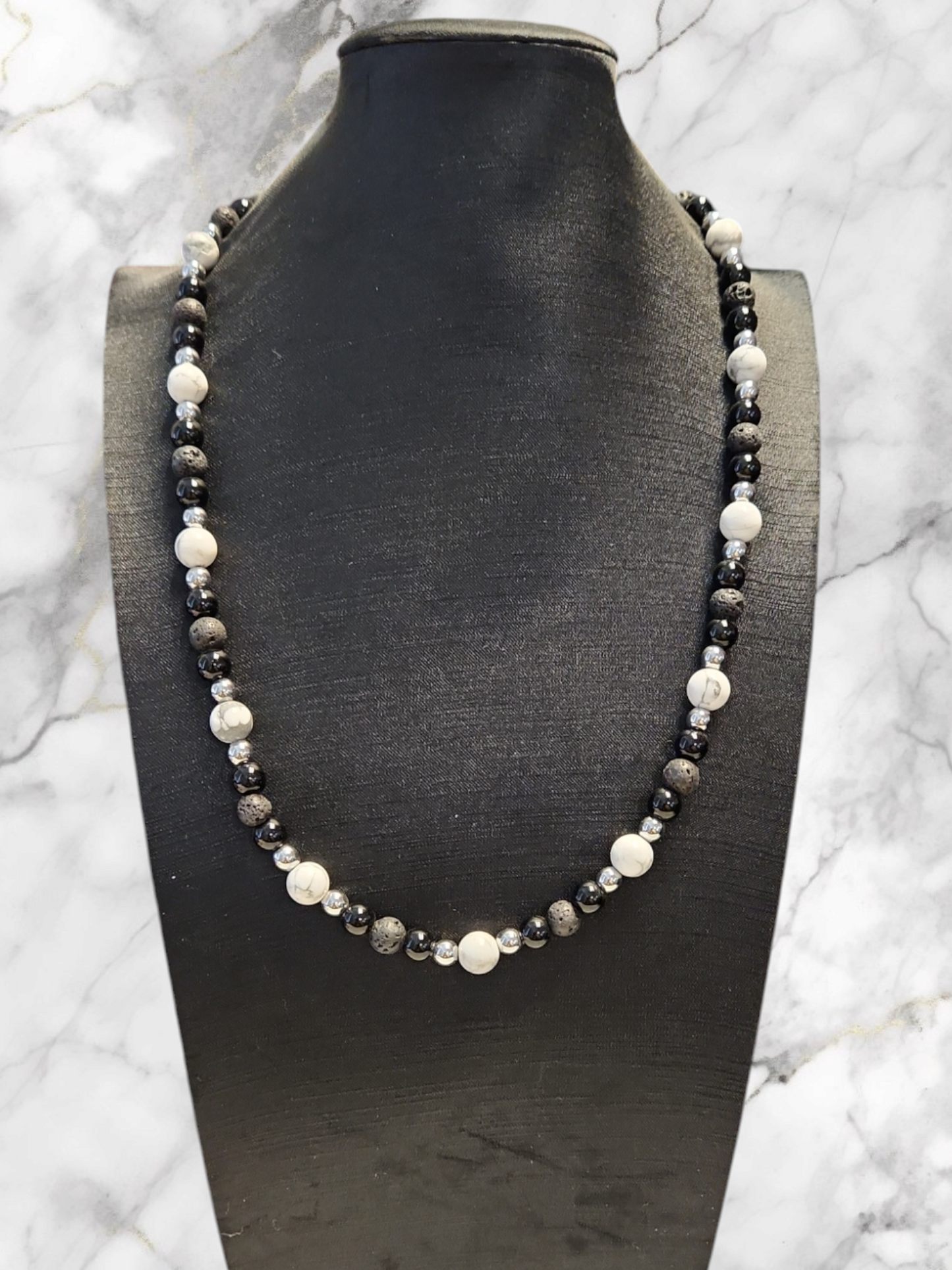 White Howlite, Onyx and Lava Stone Necklace