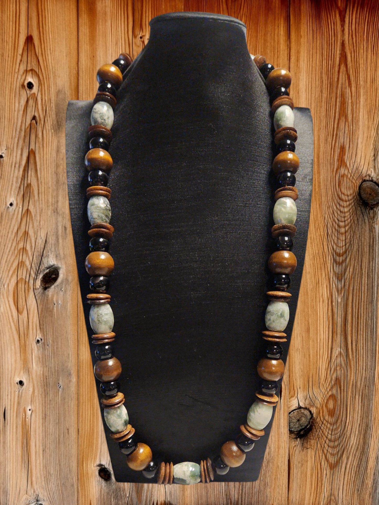 Jade, Smokey Quartz & Wood Necklace