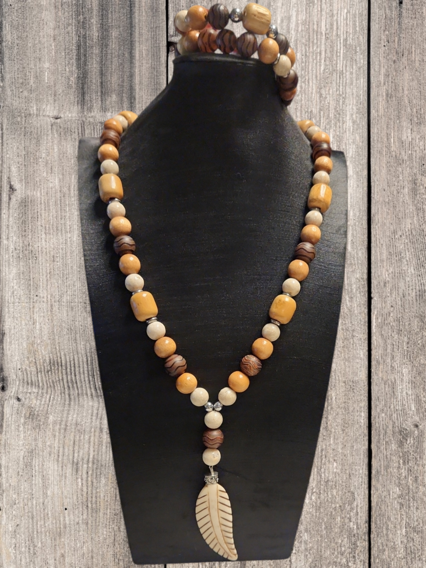 Tibetan Agate, River stone & wood necklace set