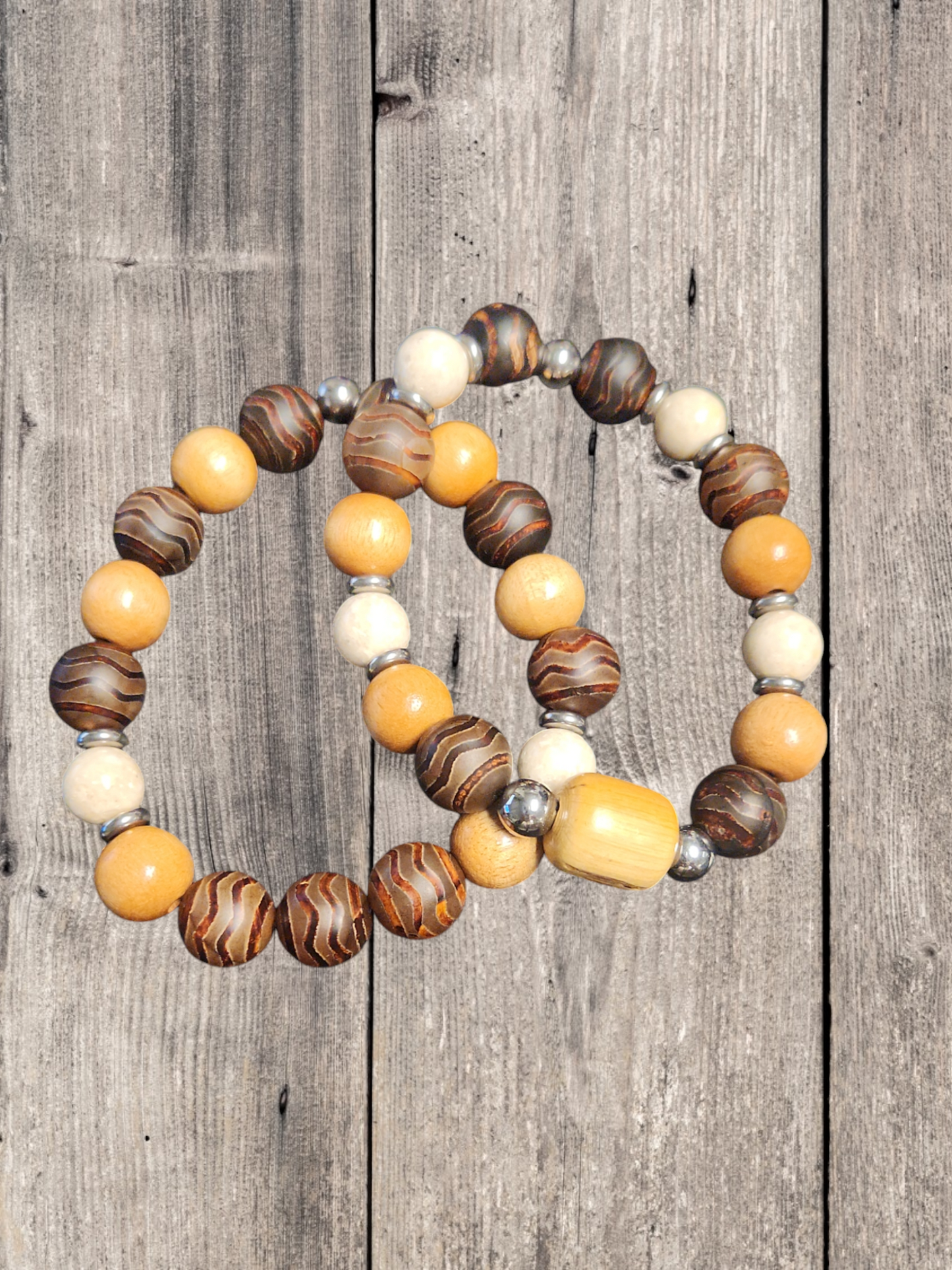 Tibetan Agate, River stone & wood necklace set