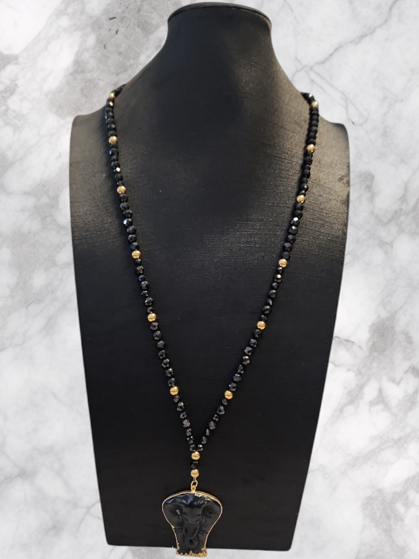 Black Spinel & Obsidian Elephant "Y" Necklace
