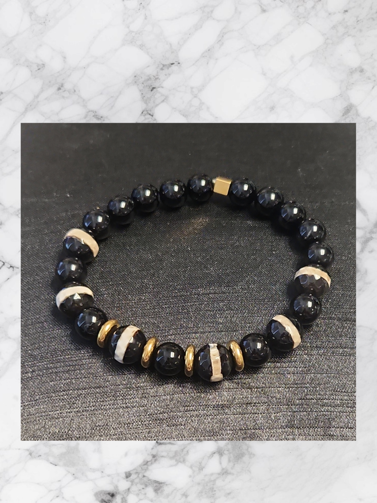 DZI Agate Black and Cream stripe Necklace set