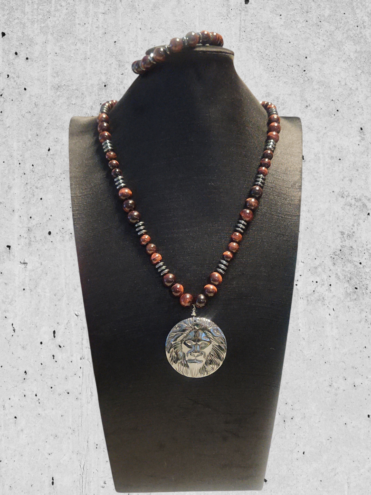 Red Tiger's eye & Hematite Lion's head Necklace set