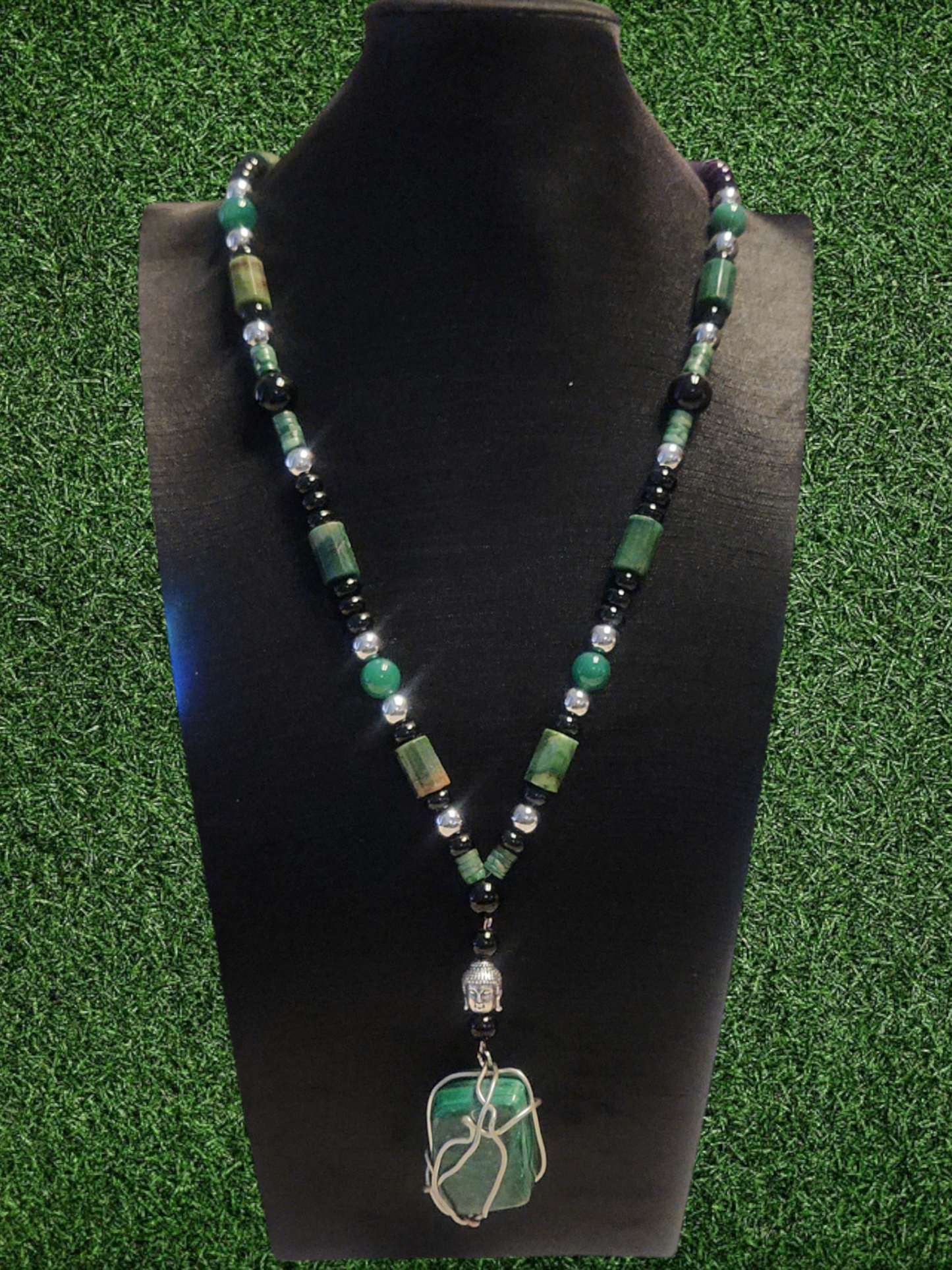 Wrapped Malachite, Buddha Necklace