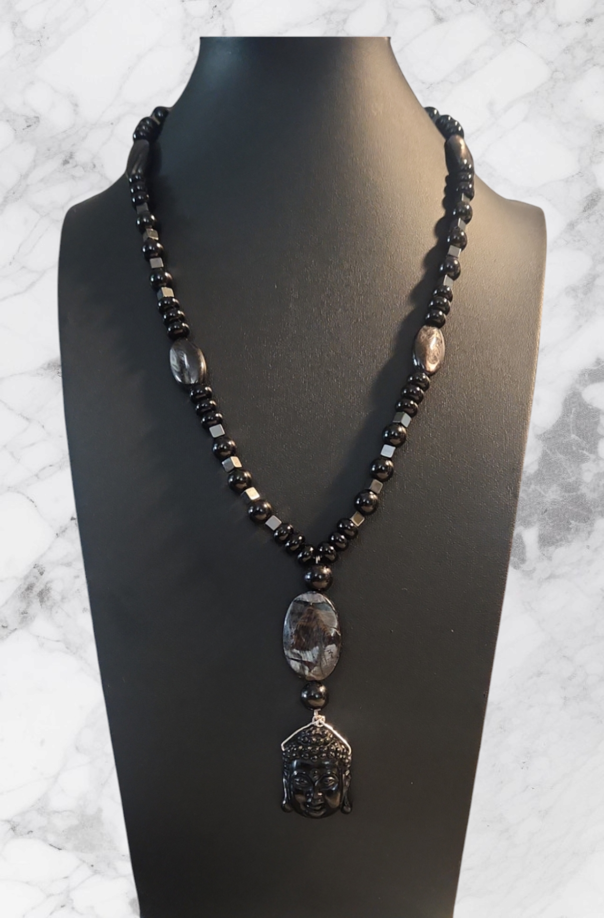 Hypersthene & Onyx Buddha Necklace