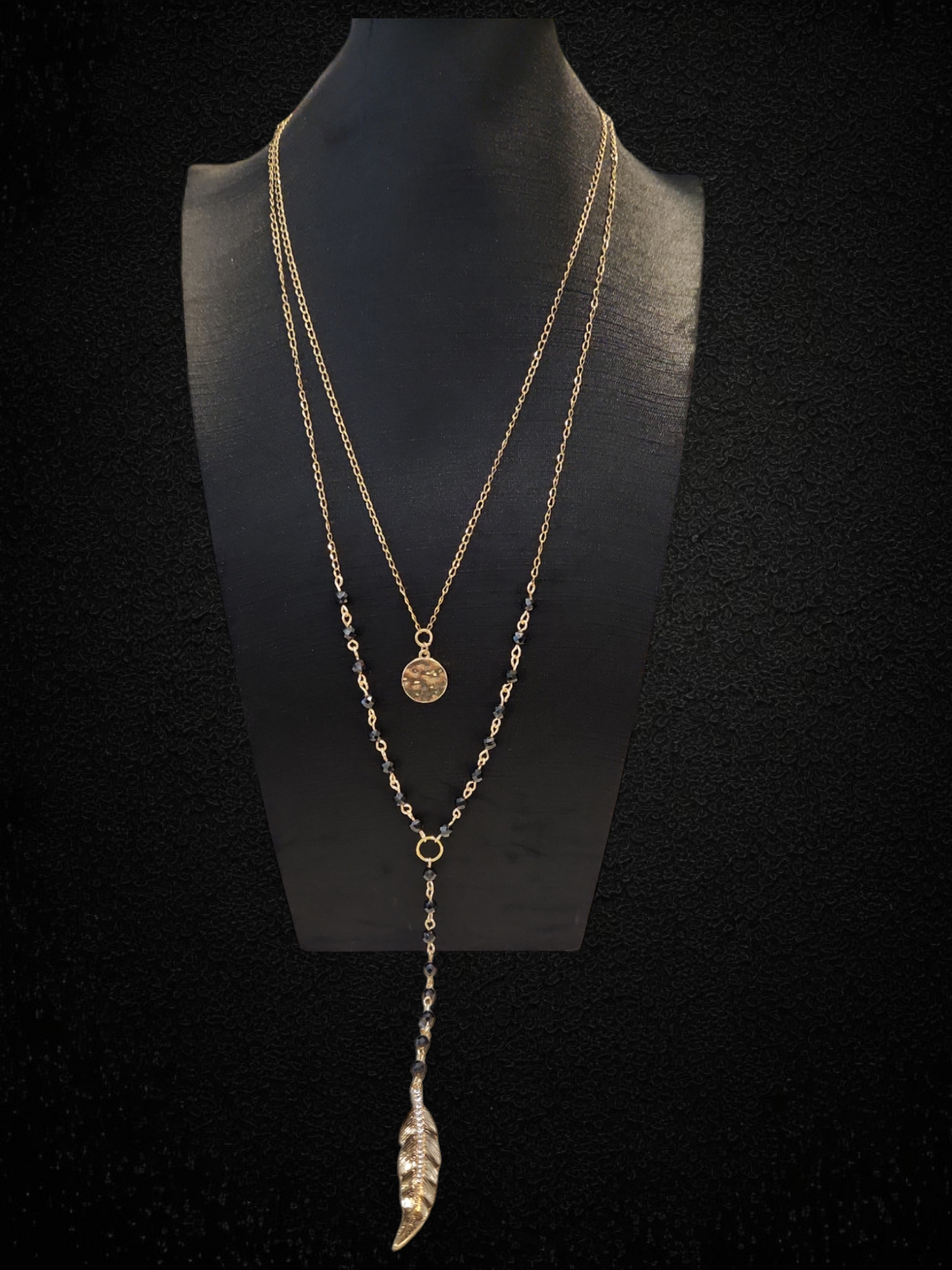 Black Spinel- Long "Y" double chain feather necklace