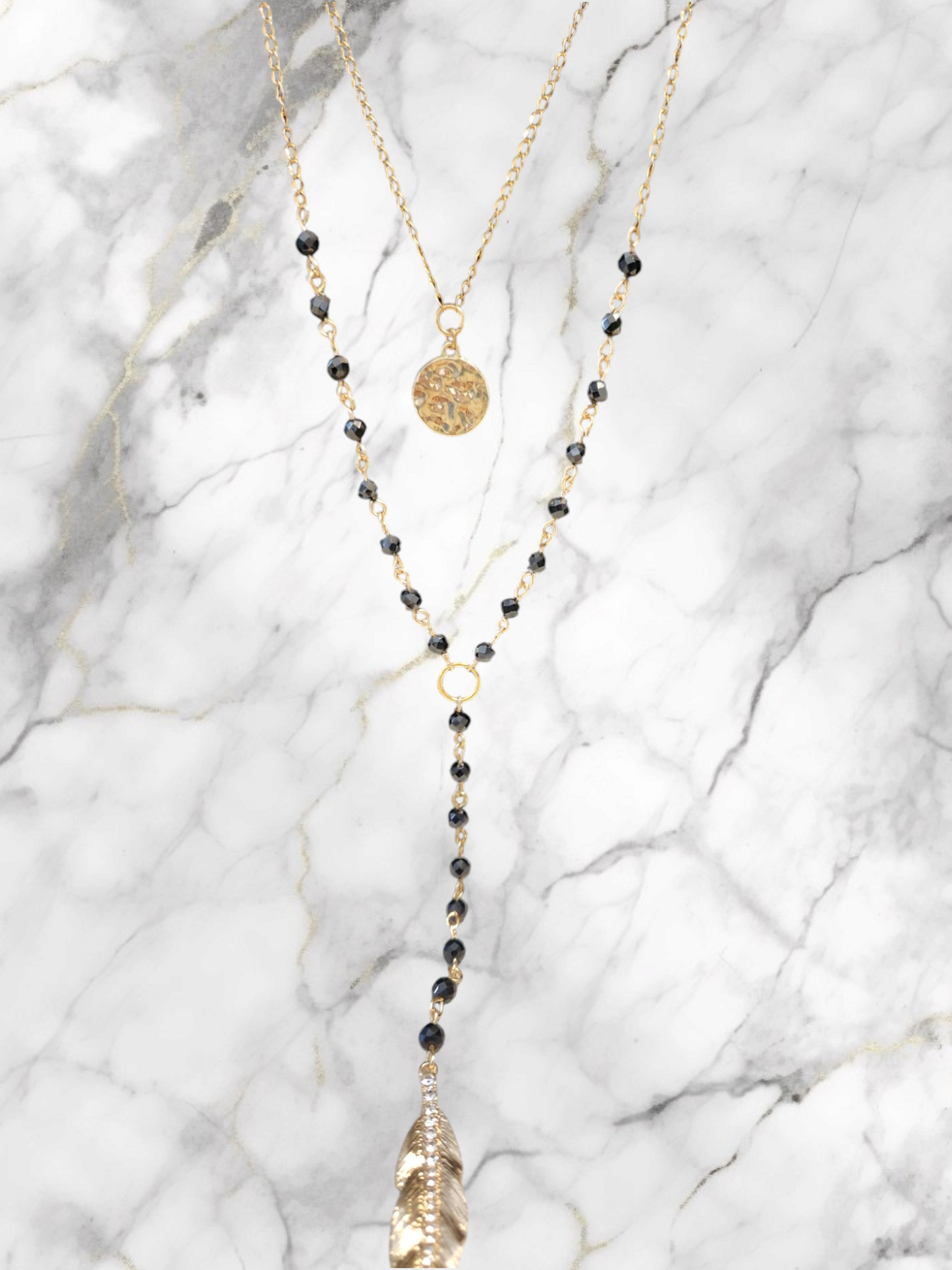 Black Spinel- Long "Y" double chain feather necklace