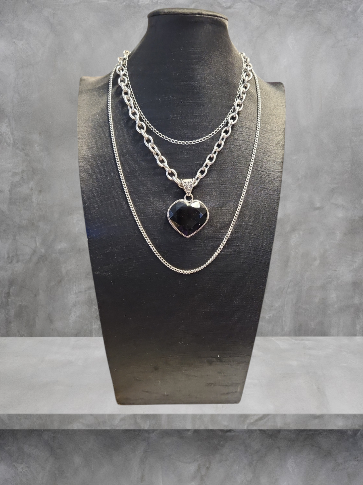 Heart Shaped Onyx 3 Chain Necklace