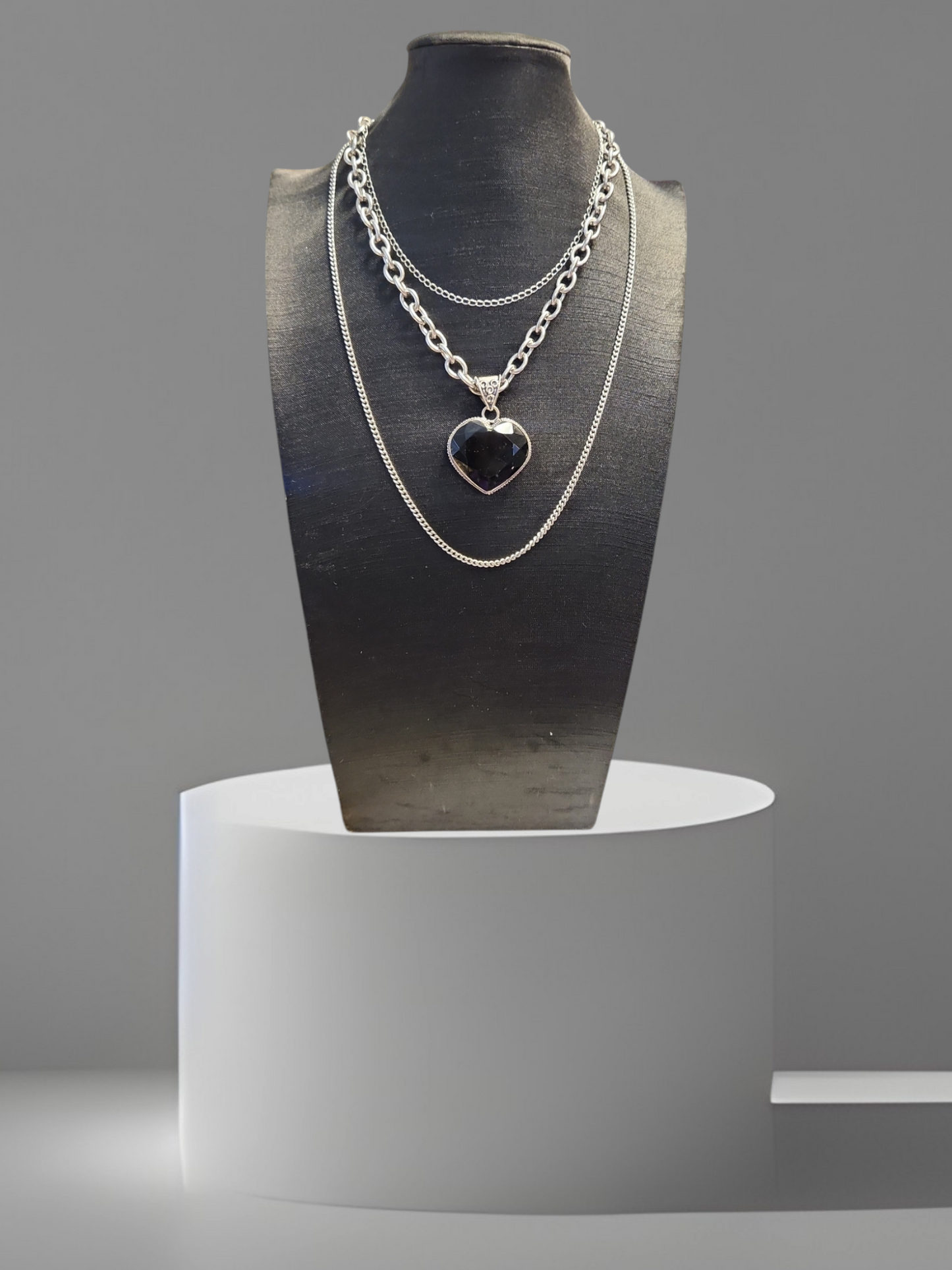 Heart Shaped Onyx 3 Chain Necklace