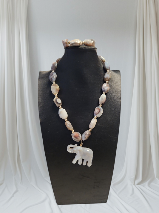 Gray Agate Elephant and Botswana Agate Necklace