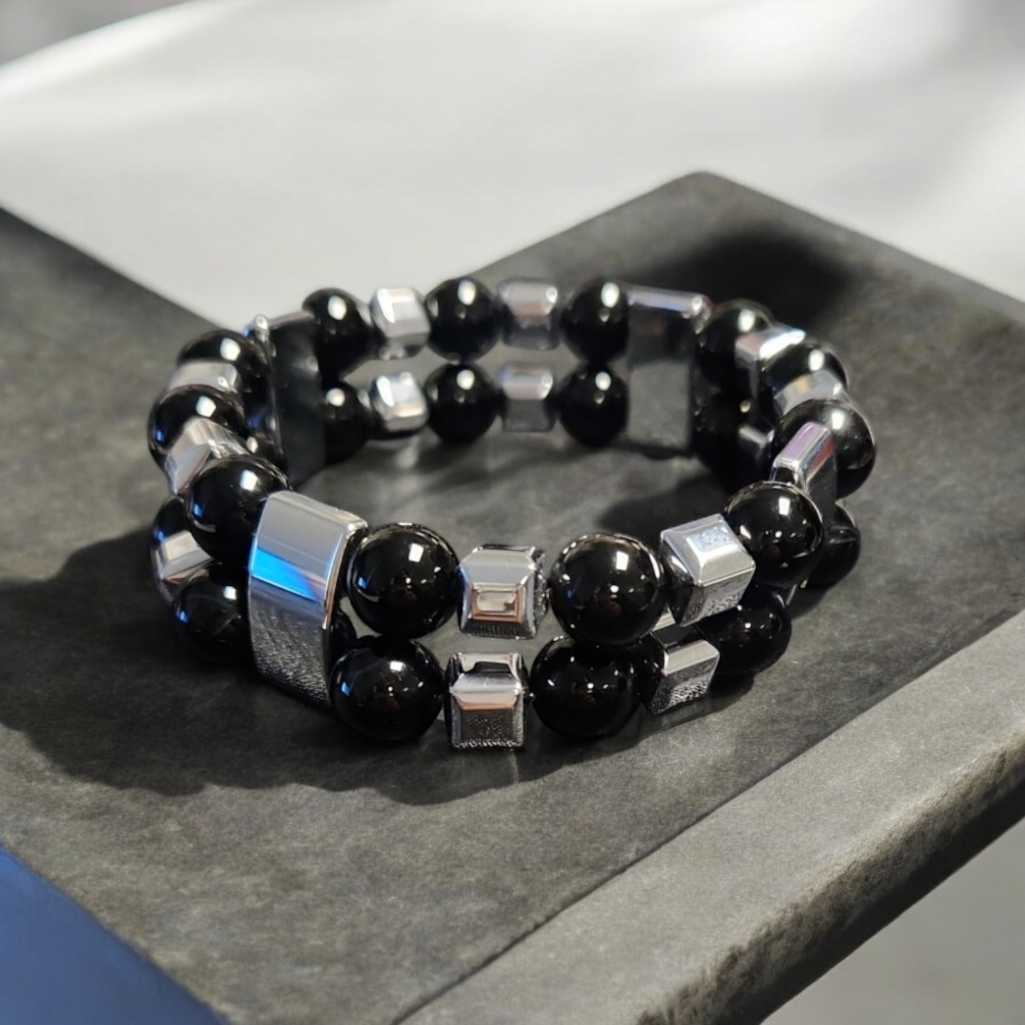 Onyx and Hematite Double Stack Bracelets