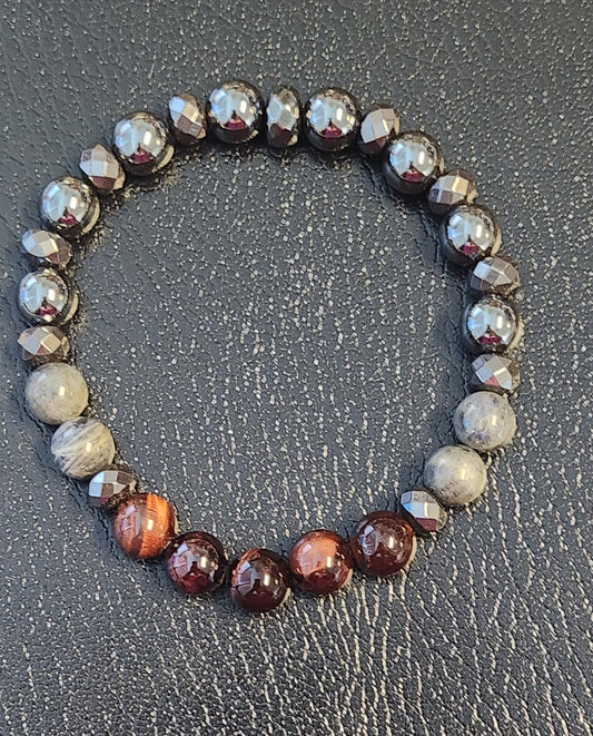 Hematite, Labradorite and Red Tiger's eye bracelet