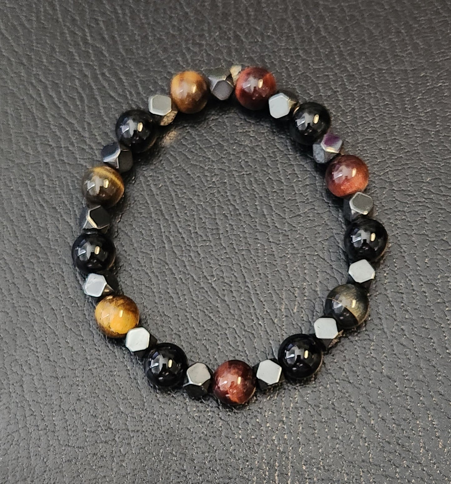 Multi-colored Tiger's eye, Onyx and Hematite bracelet