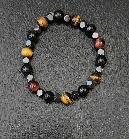 Multi-colored Tiger's eye, Onyx and Hematite bracelet