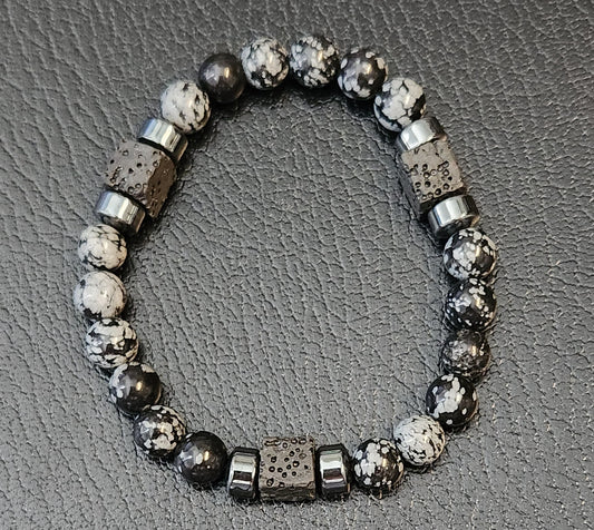 Snowflake Obsidian, Hematite & Lava stone bracelet