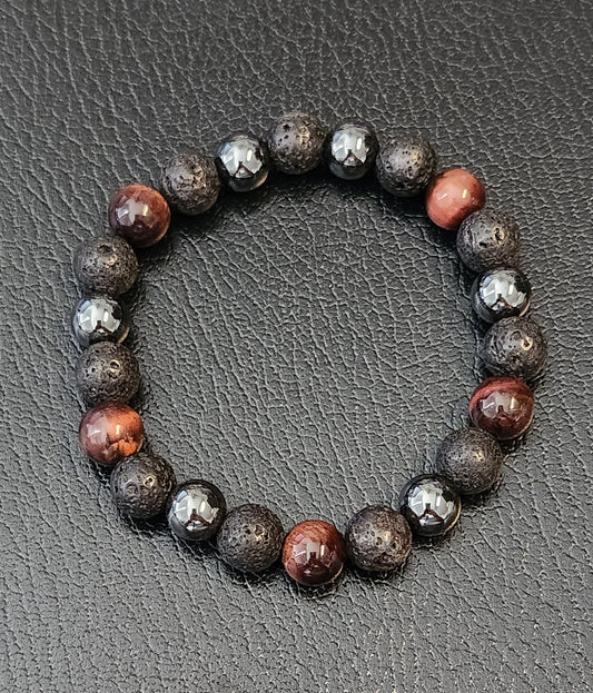 Red Tiger's eye, Hematite & Lava stone bracelet