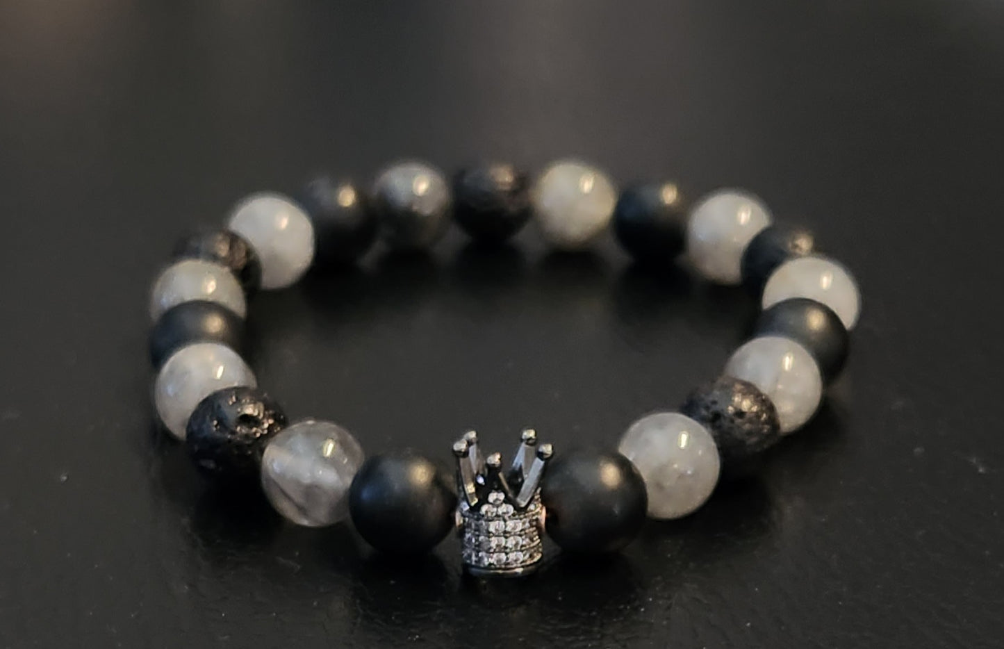 Cloud Quartz, matte onyx, & Lava Stone "I am" King Bracelet