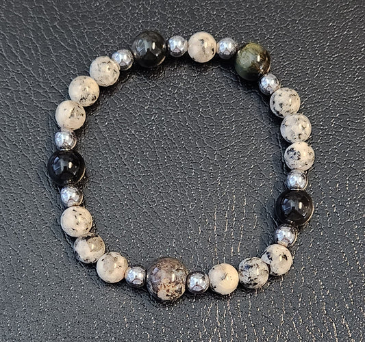 Kiwi "sesame" Jasper & Obsidian Bracelet