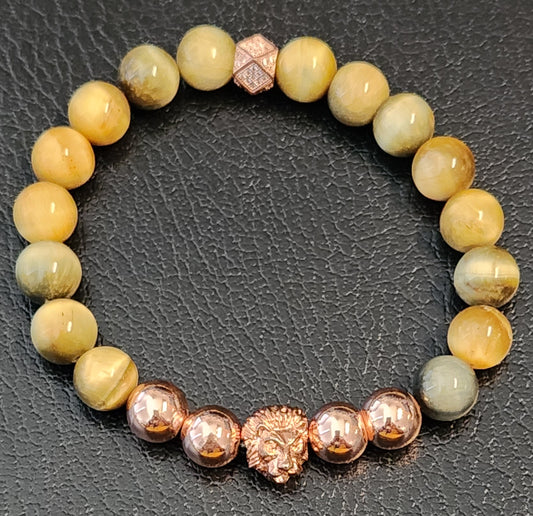 Gold and Blue Tiger's eye rose gold Lion head bracelet