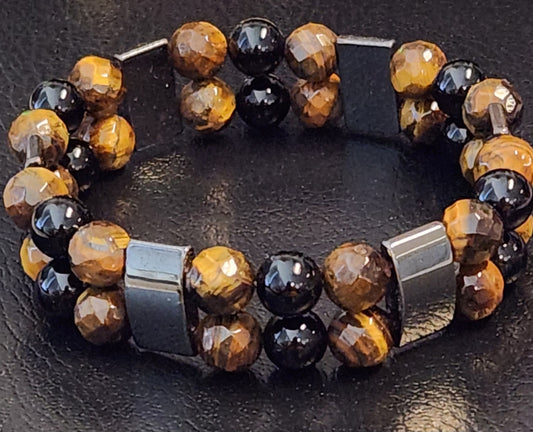 Tiger's Eye, Onyx & Hematite double stack bracelet