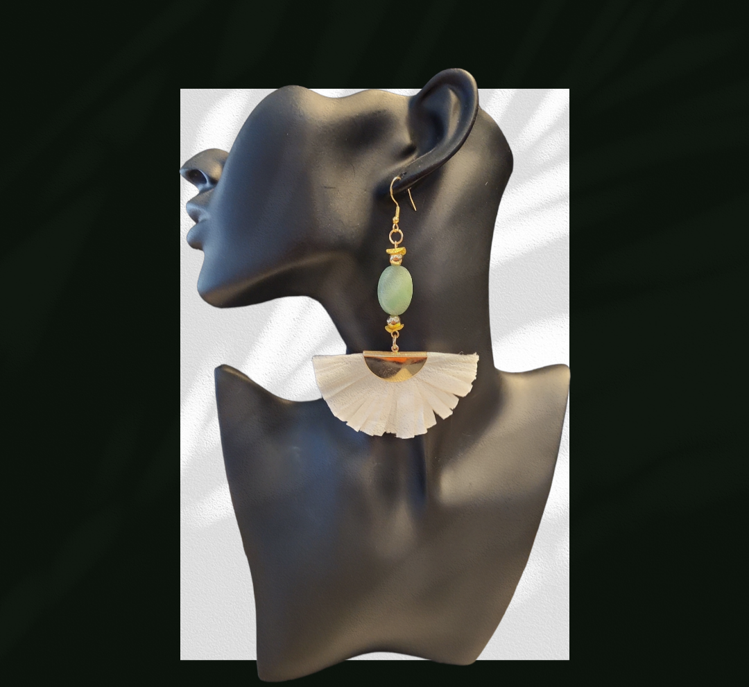 White fan Green Aventurine earrings