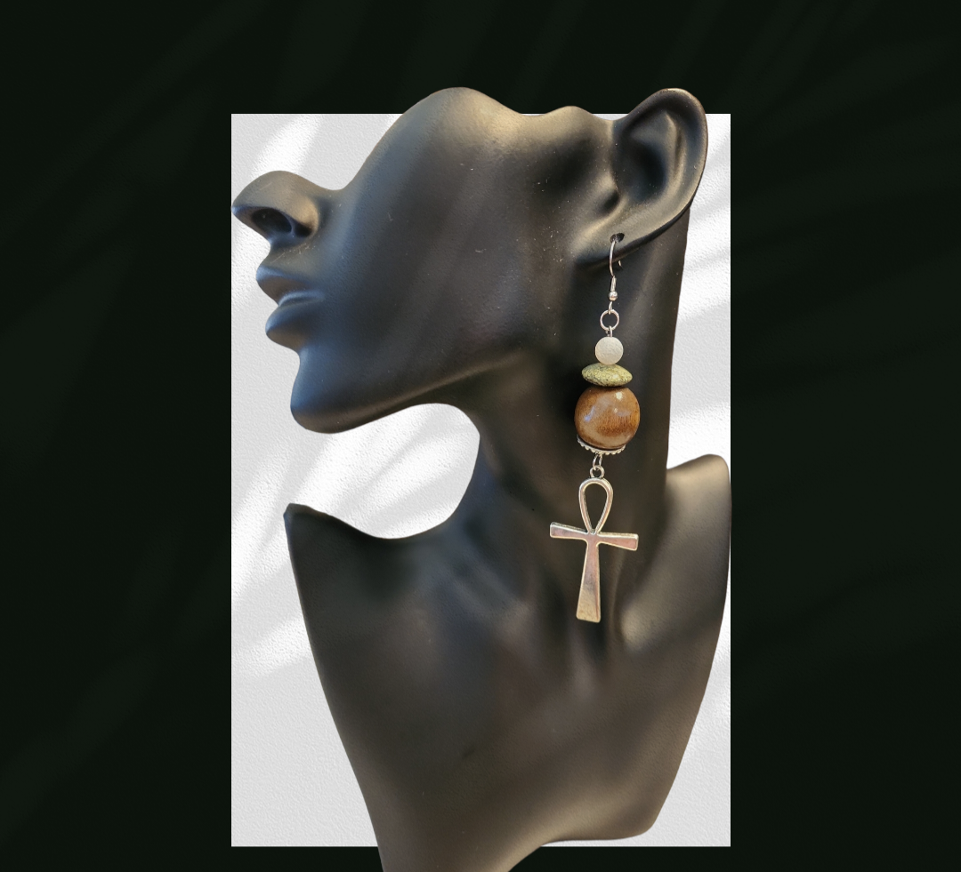 Serpentine and White agate Ankh earrings