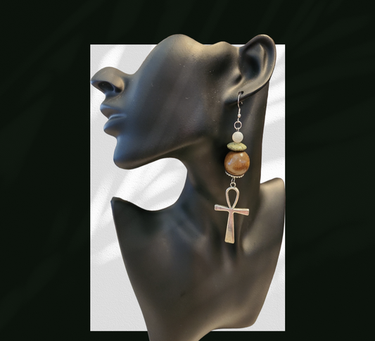 Serpentine and White agate Ankh earrings