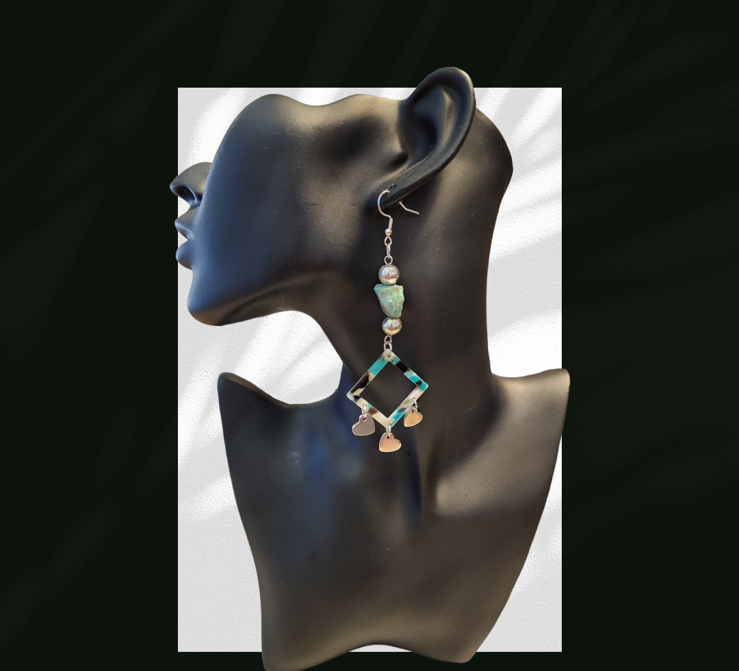 Turquoise and Hematite heart dangle earrings