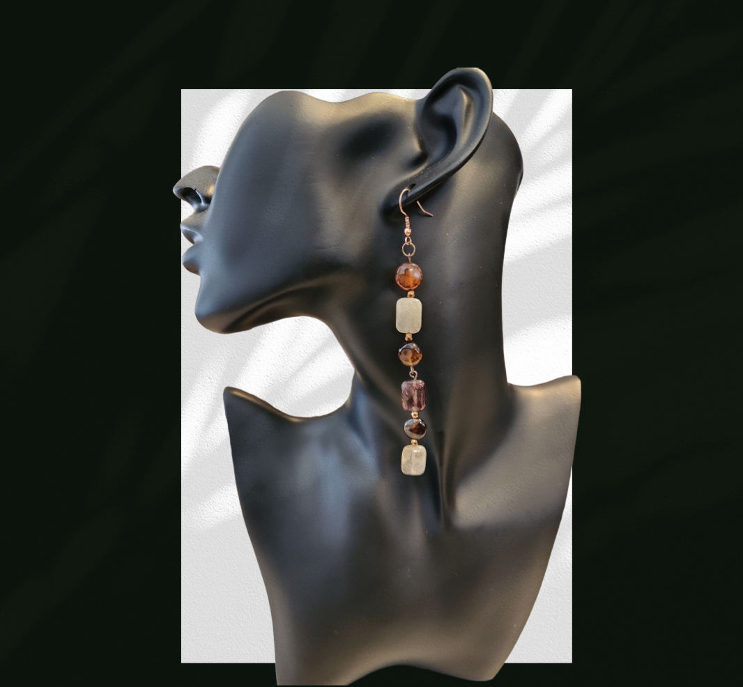 Long Brown agate and rutilated quartz earrings