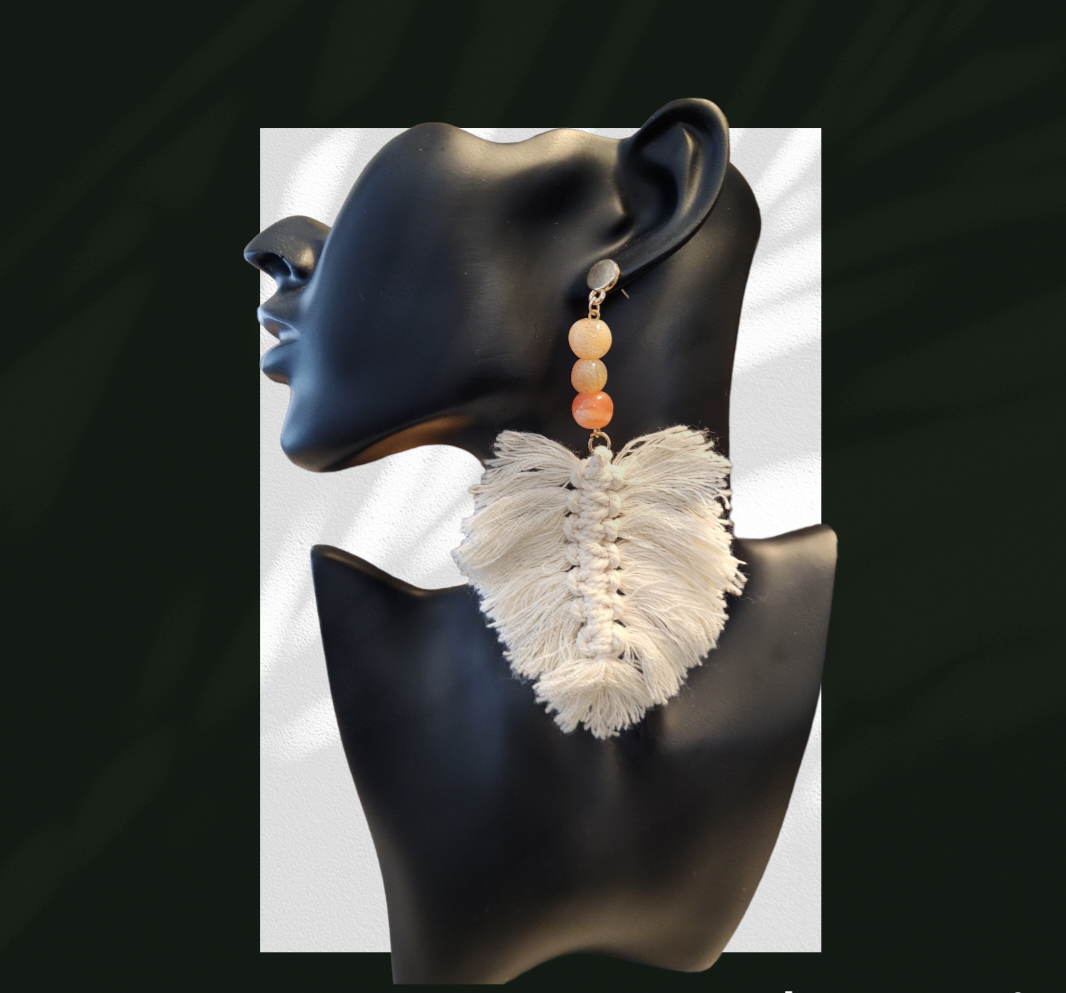 Carnelian Macrame feather earrings