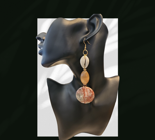 Red web jasper and cowrie shell earrings