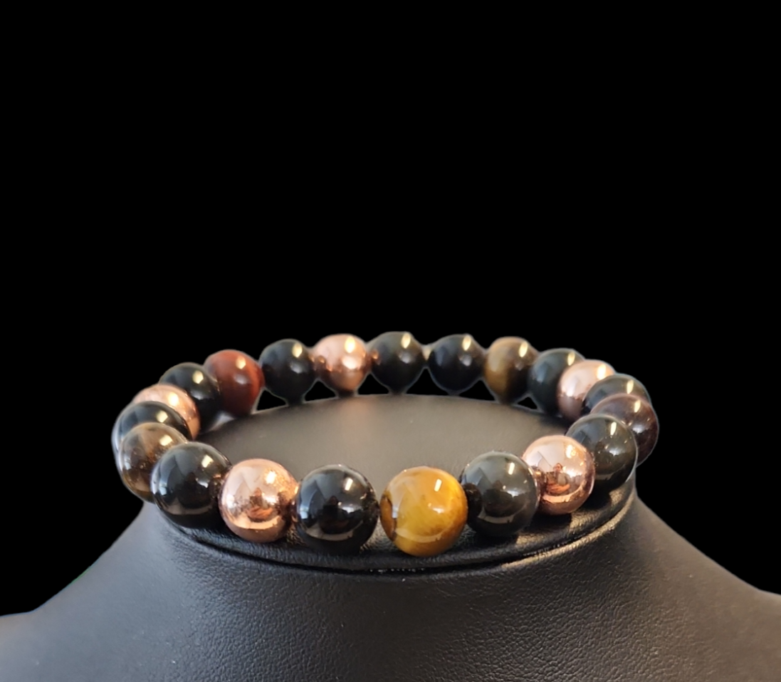 Multicolored tiger's eye, obsidian and rose gold hematite.