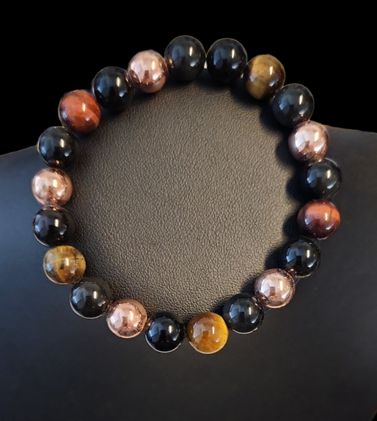 Multicolored tiger's eye, obsidian and rose gold hematite.