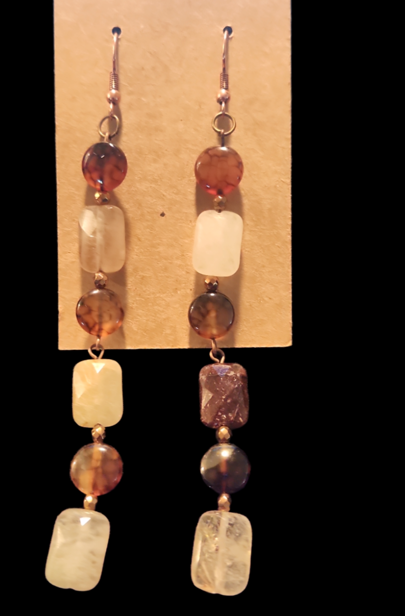 Long Brown agate and rutilated quartz earrings