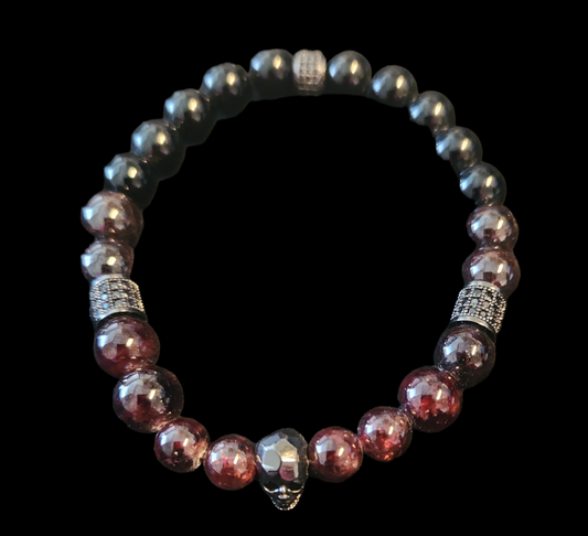 10 1/2" Garnet and Onyx skull head Bracelet