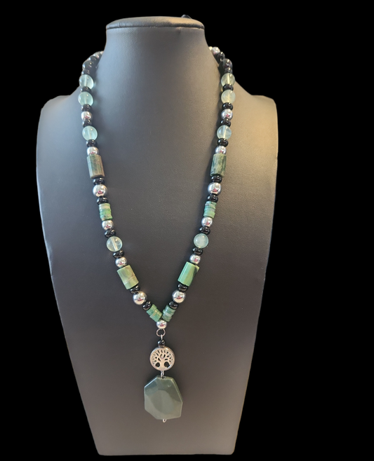 Tree of life onyx, fluorite, African Jade and hematite necklace