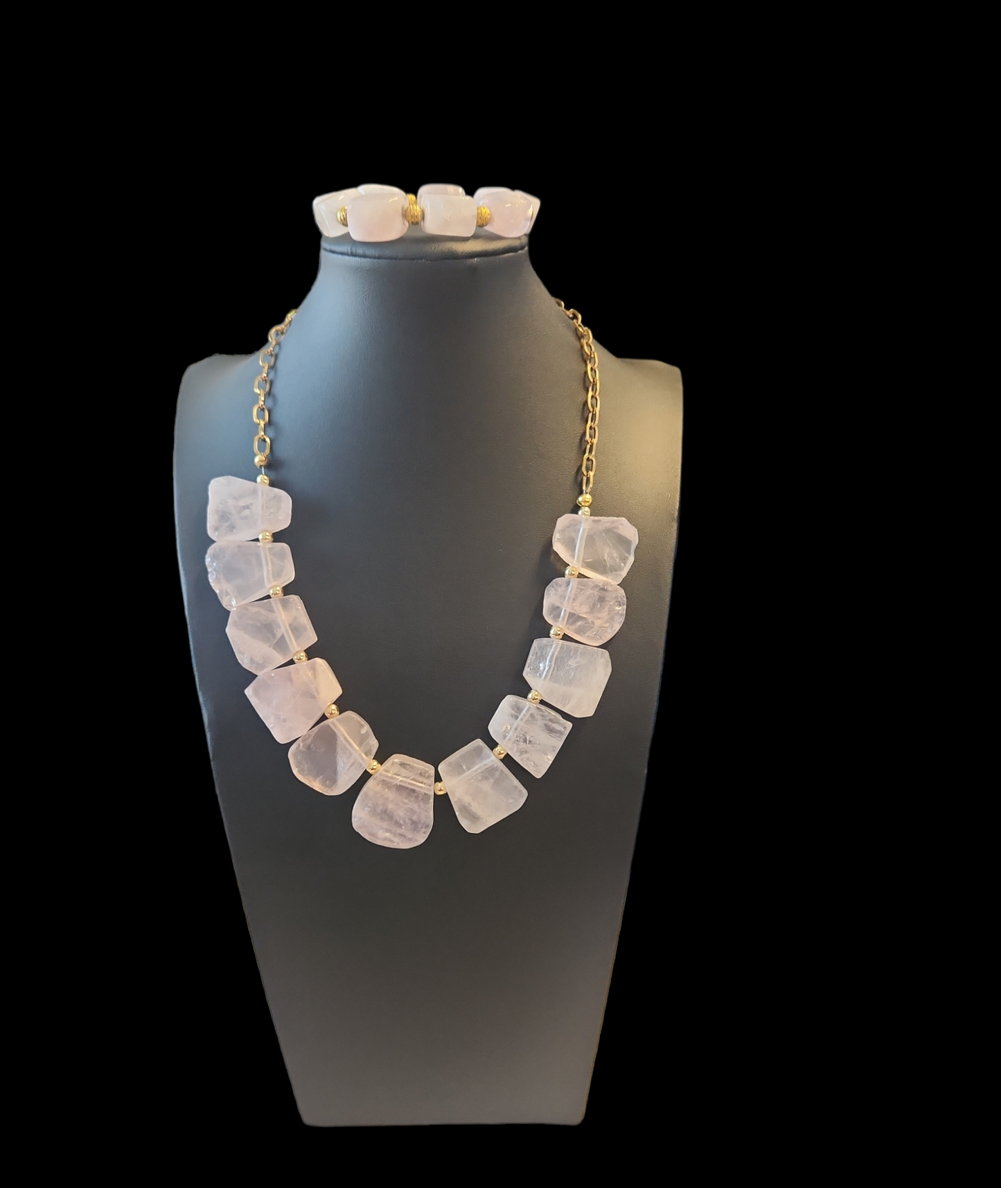 Rose quartz necklace and bracelet set.